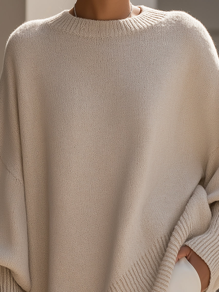 Beige drop-shoulder knit jumper with ribbed crew neck and cuff detail