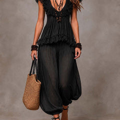 Black bohemian V-neck ruffle dress set with layered tiers and cap sleeves