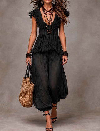 Black bohemian V-neck ruffle dress set with layered tiers and cap sleeves