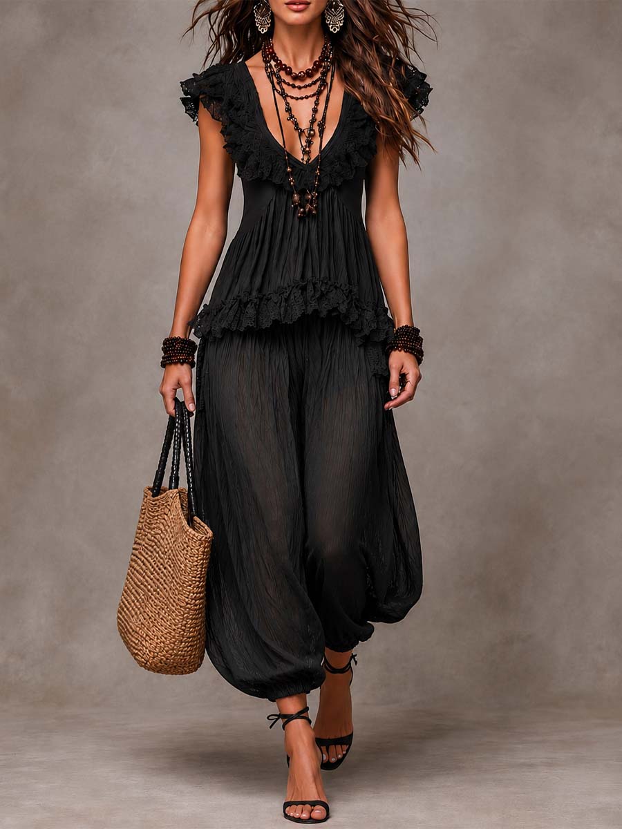 Black bohemian V-neck ruffle dress set with layered tiers and cap sleeves