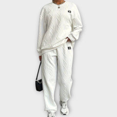 White cable-knit casual set: round-neck long-sleeve top and matching jogger pants