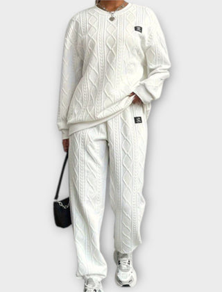 White cable-knit casual set: round-neck long-sleeve top and matching jogger pants