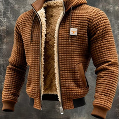 Brown quilted fleece lined zip-front jacket with tan sherpa collar and brown pocket trim