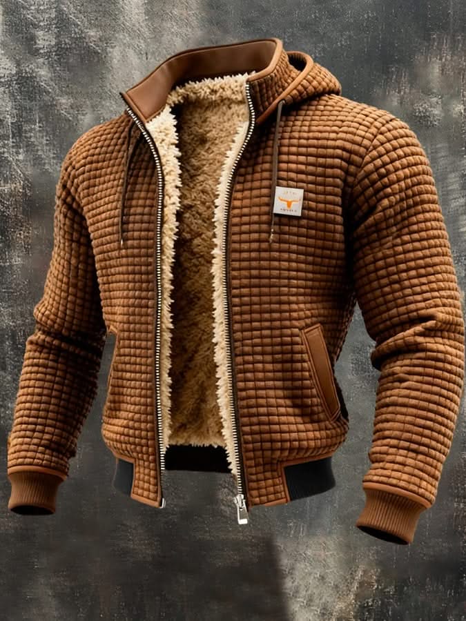 Brown quilted fleece lined zip-front jacket with tan sherpa collar and brown pocket trim