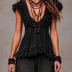 Black bohemian V-neck ruffle dress set with gathered bodice and frilled neckline