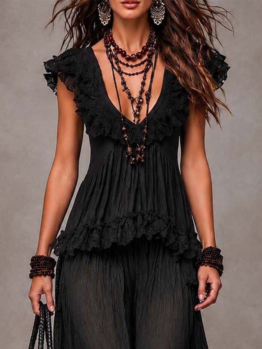 Black bohemian V-neck ruffle dress set with gathered bodice and frilled neckline
