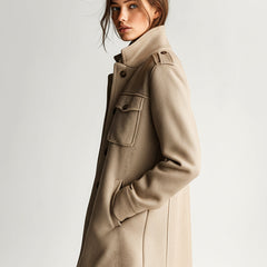 Khaki short wool-blend coat with stand collar, button front, and flap pocket detail