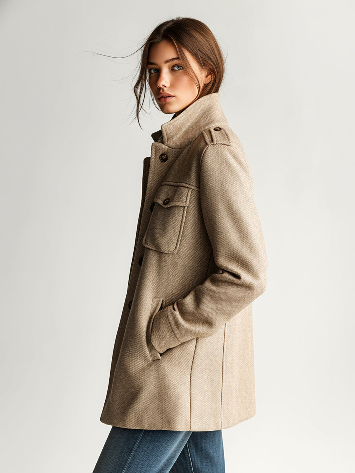 Khaki short wool-blend coat with stand collar, button front, and flap pocket detail