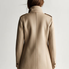 Khaki short wool-blend coat back view with center seam and stand collar