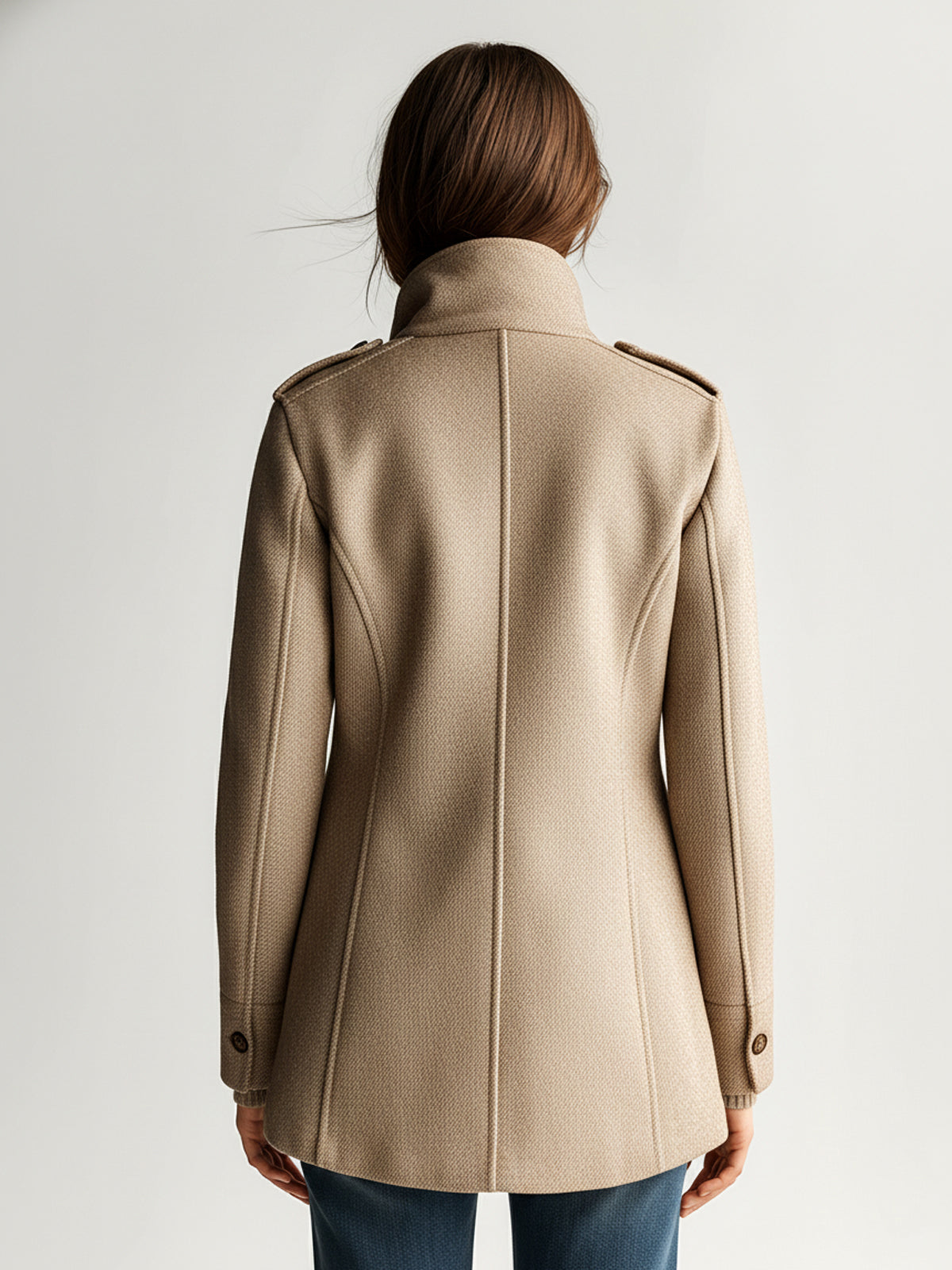 Khaki short wool-blend coat back view with center seam and stand collar