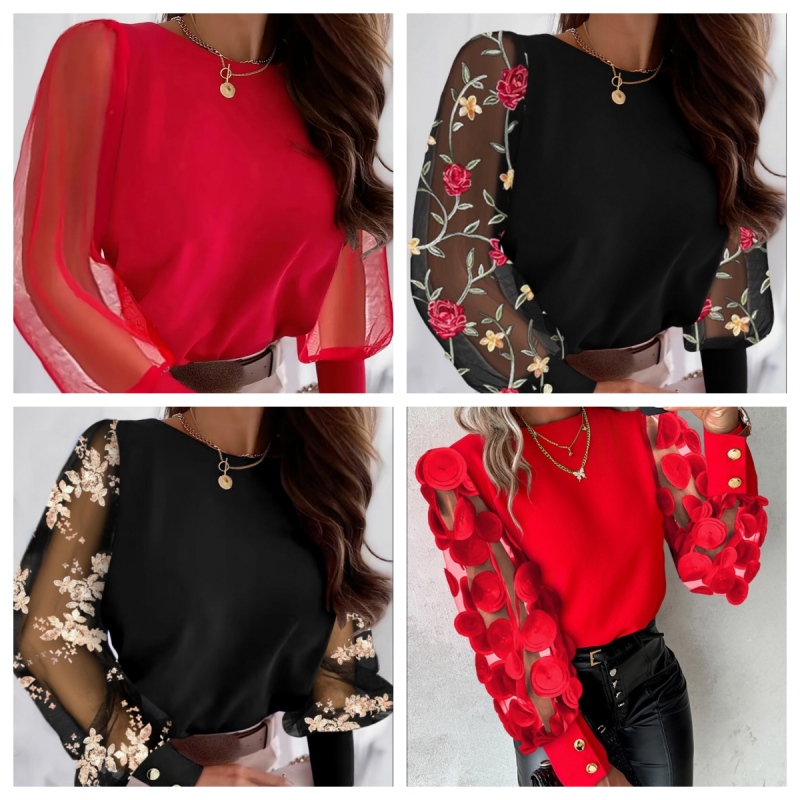 Glamorous mesh sleeve top collage: red sheer sleeve with rosette detail and black floral sleeves