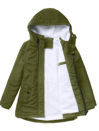 Thick winter coat with hood, army green outer shell, sherpa-lined front with zipper