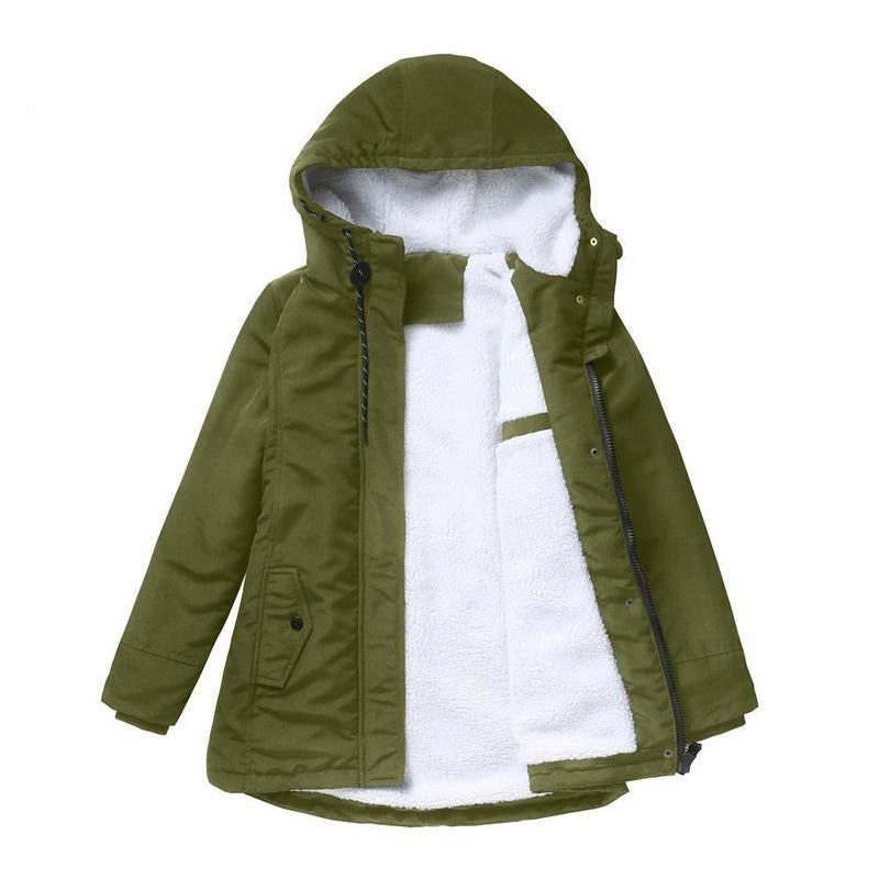 Thick winter coat with hood, army green outer shell, sherpa-lined front with zipper