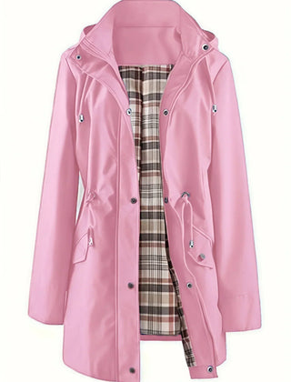Women’s 3-in-1 jacket in pink, hooded outer layer with plaid inner lining and pockets.