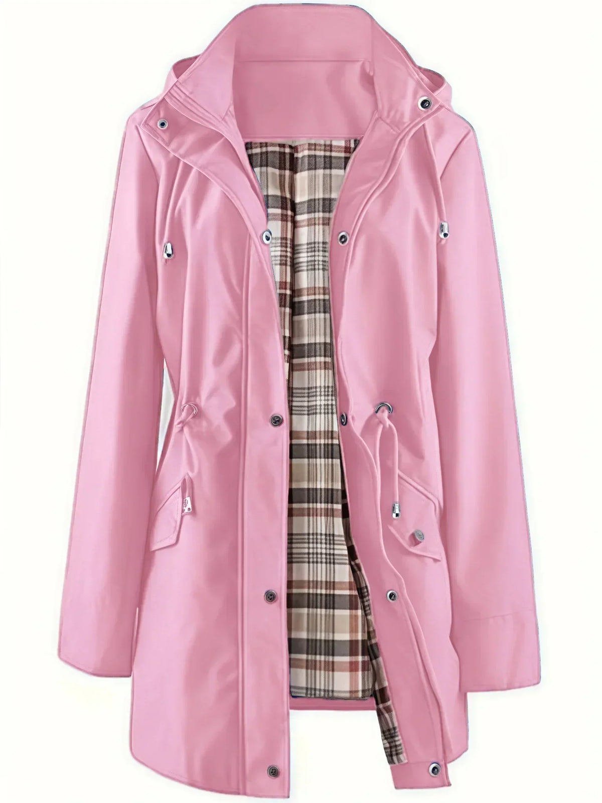 Women’s 3-in-1 jacket in pink, hooded outer layer with plaid inner lining and pockets.