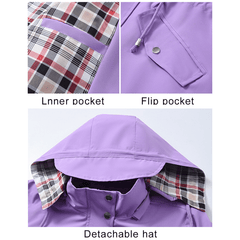 Lavender women’s 3-in-1 jacket details: inner pocket, flip pocket, detachable hood.