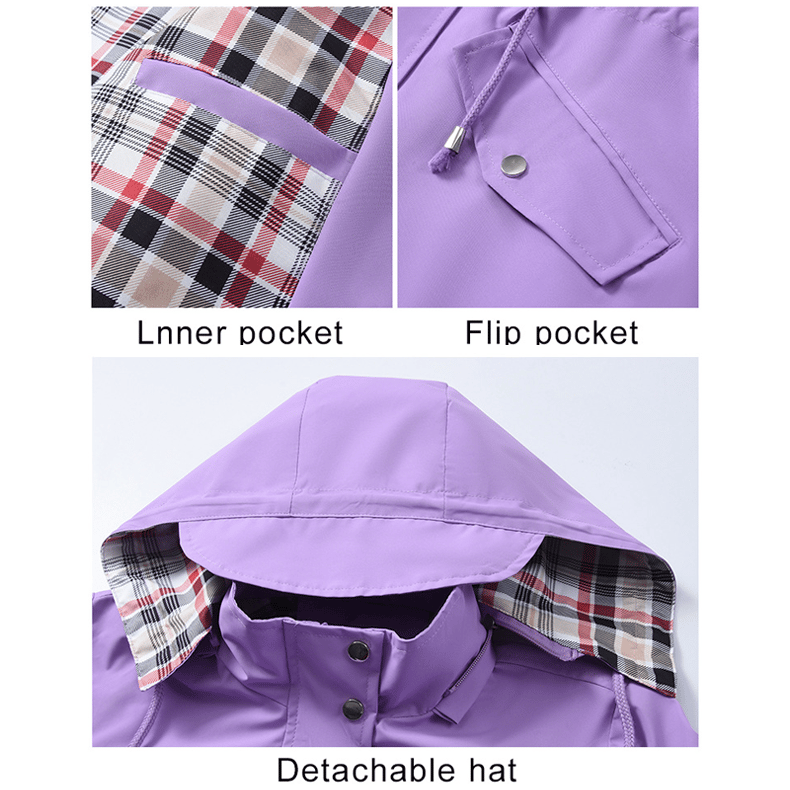Lavender women’s 3-in-1 jacket details: inner pocket, flip pocket, detachable hood.