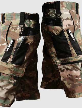 Woodland camouflage outdoor tactical shorts with black side panels and zipper cargo pockets