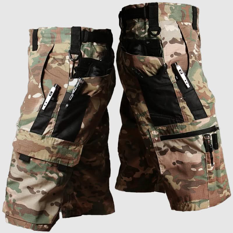 Woodland camouflage outdoor tactical shorts with black side panels and zipper cargo pockets