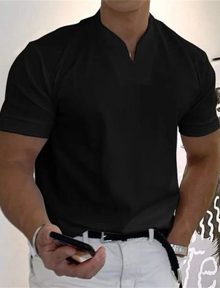 Men's short-sleeve V-neck fitness tee in black, with front button placket