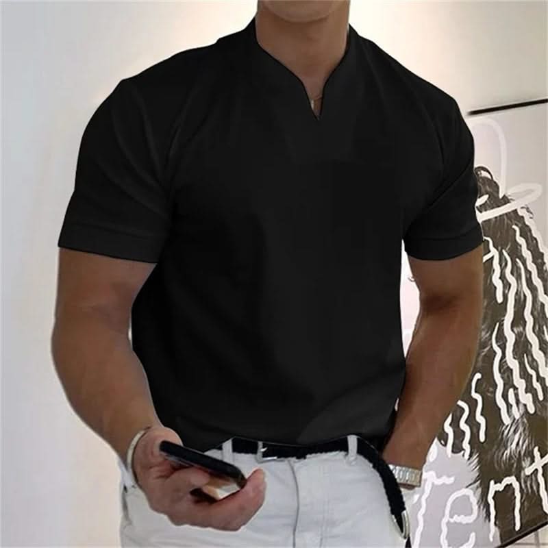 Men's short-sleeve V-neck fitness tee in black, with front button placket