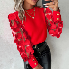 Glamorous mesh sleeve top in red with layered floral rosette sleeves and gold snaps