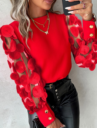 Glamorous mesh sleeve top in red with layered floral rosette sleeves and gold snaps