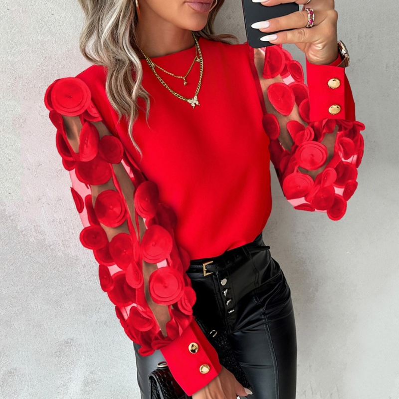 Glamorous mesh sleeve top in red with layered floral rosette sleeves and gold snaps