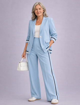 Light blue casual suit set with blazer and matching wide-leg trousers, side stripe trim.
