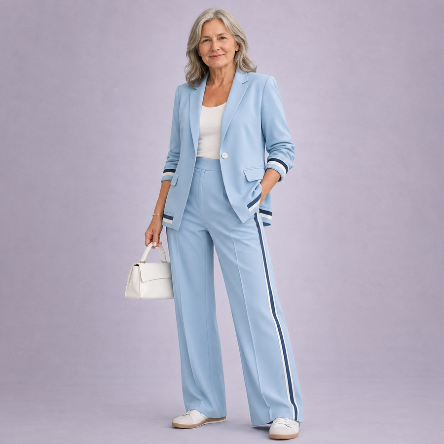Light blue casual suit set with blazer and matching wide-leg trousers, side stripe trim.