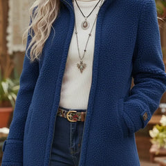 Blue full-zip stand-collar lambswool-feel jacket with zip-front and side pockets