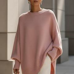 Navy drop-shoulder knit jumper with ribbed crew neck and draped asymmetric side hem