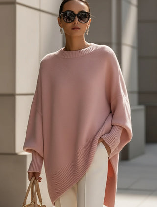 Navy drop-shoulder knit jumper with ribbed crew neck and draped asymmetric side hem