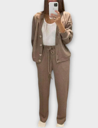 Taupe cardigan and drawstring trouser set, button front and cuffed sleeves.