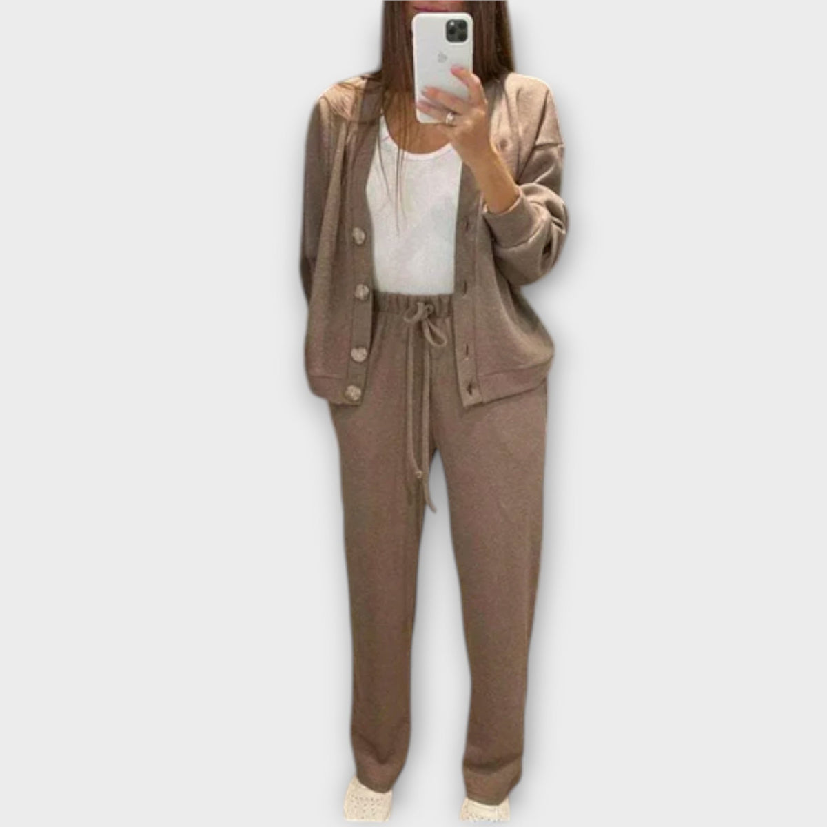 Taupe cardigan and drawstring trouser set, button front and cuffed sleeves.