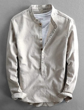 Corden linen shirt, off-white long-sleeve button-front henley with small buttons