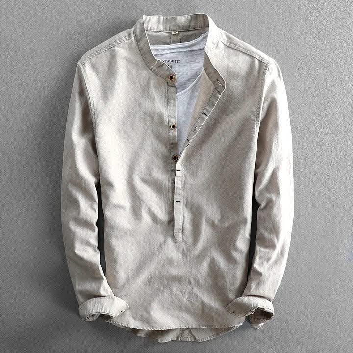 Corden linen shirt, off-white long-sleeve button-front henley with small buttons