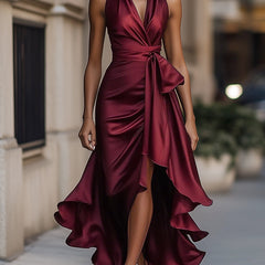 Burgundy satin wrap maxi dress with V-neck and draped waist tie, layered ruffle hem