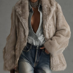 Taupe faux fur oversized long sleeve coat, open front, notched lapels