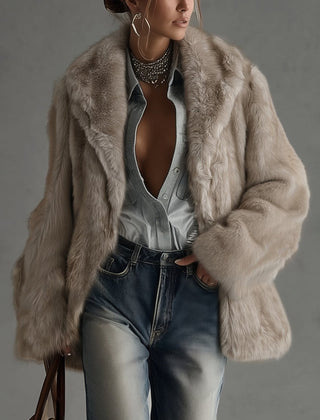 Taupe faux fur oversized long sleeve coat, open front, notched lapels
