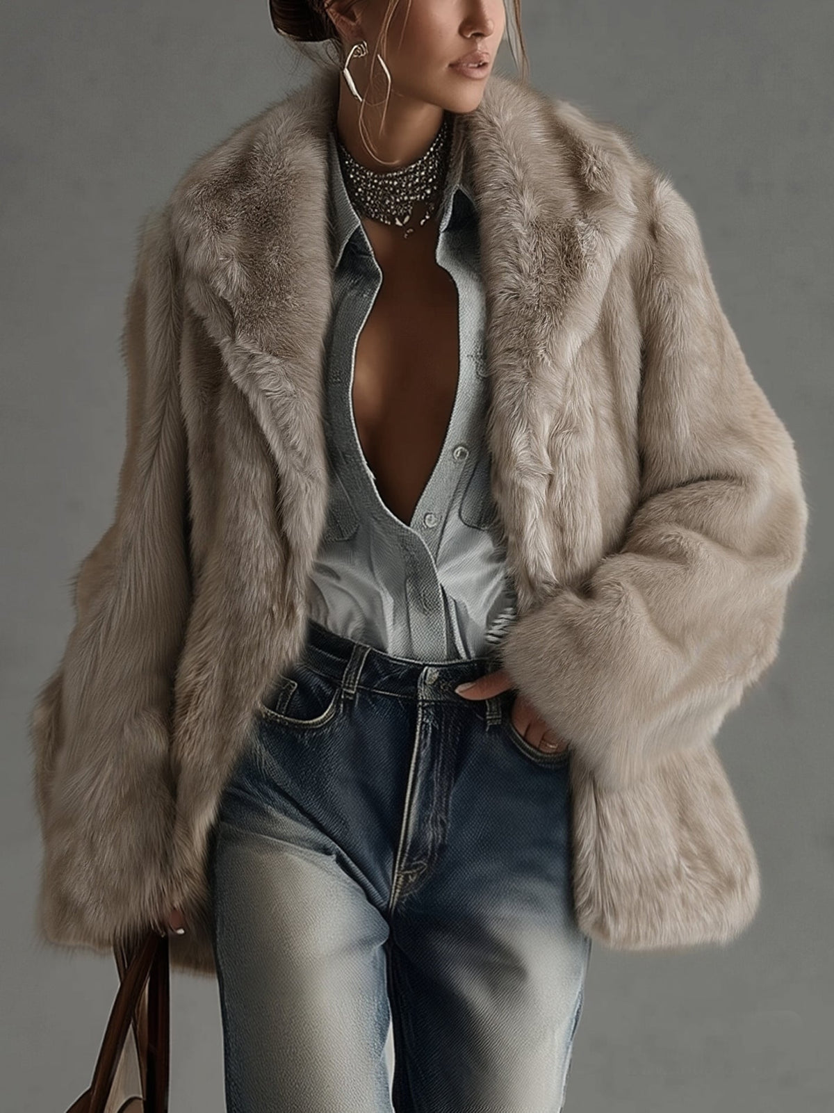 Taupe faux fur oversized long sleeve coat, open front, notched lapels