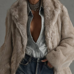 Taupe faux fur oversized coat, open front with notched lapels