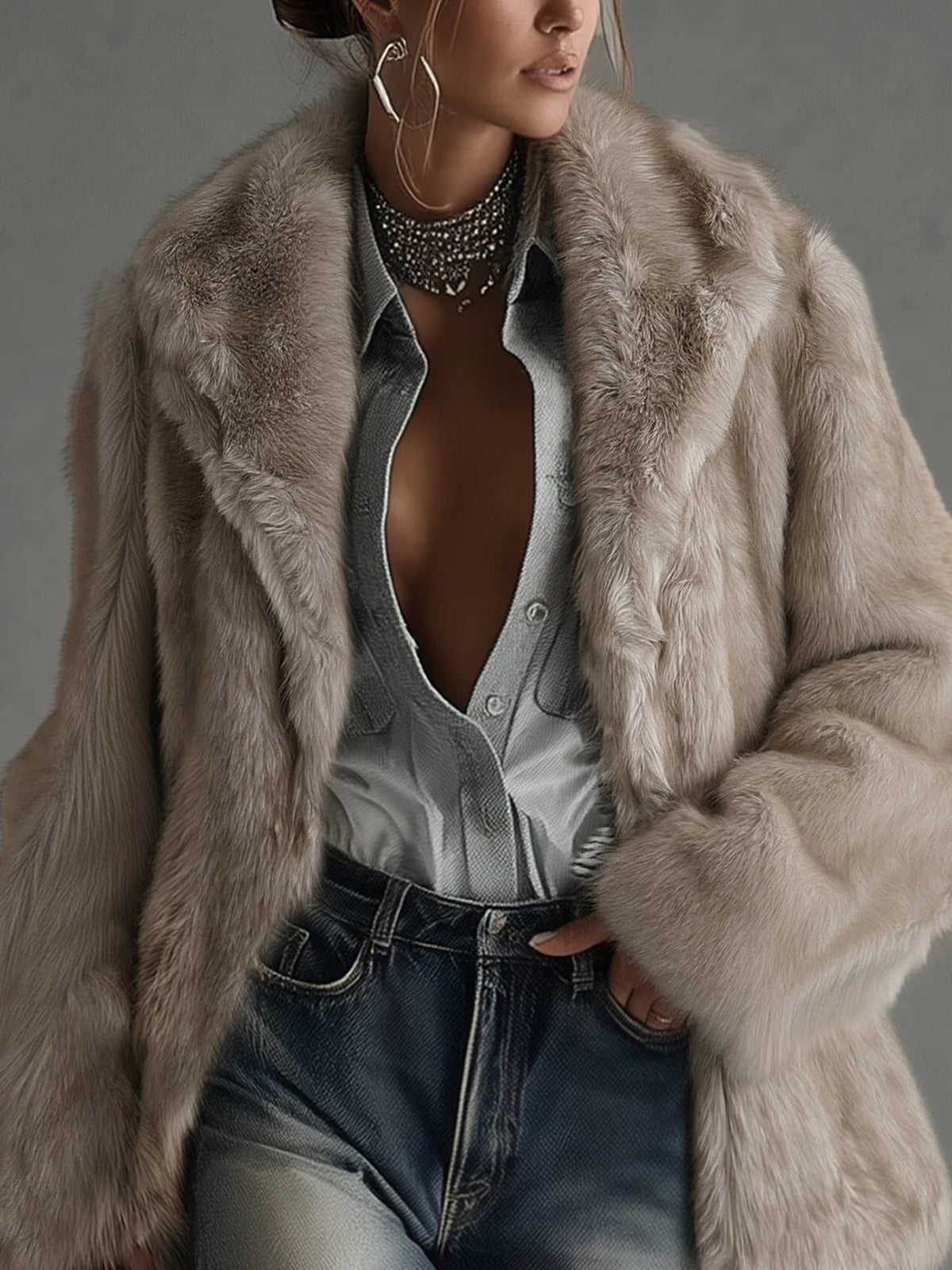 Taupe faux fur oversized coat, open front with notched lapels