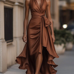 Taupe satin wrap maxi dress with sleeveless V-neck and ruffle-trimmed asymmetric hem