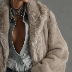 Taupe faux fur coat sleeve and shoulder detail, open front lapel