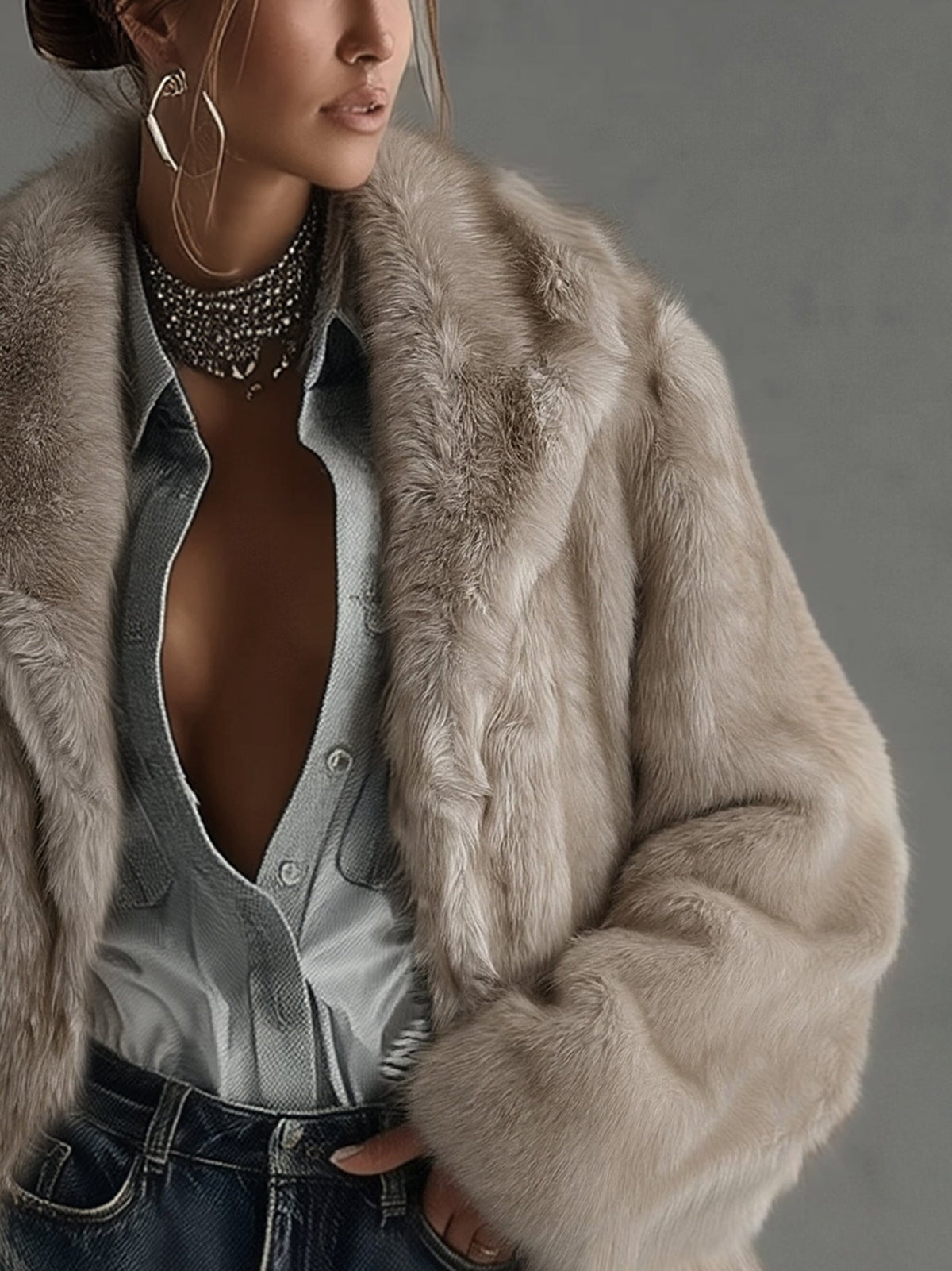 Taupe faux fur coat sleeve and shoulder detail, open front lapel