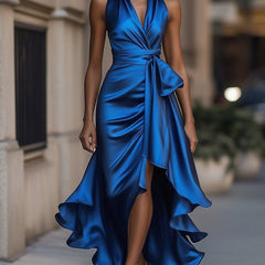 Bright blue satin wrap maxi dress with sleeveless V-neck and draped waist tie