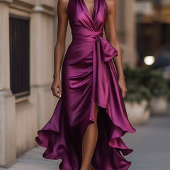 Purple satin wrap maxi dress with V-neck, side tie, and layered ruffle hem