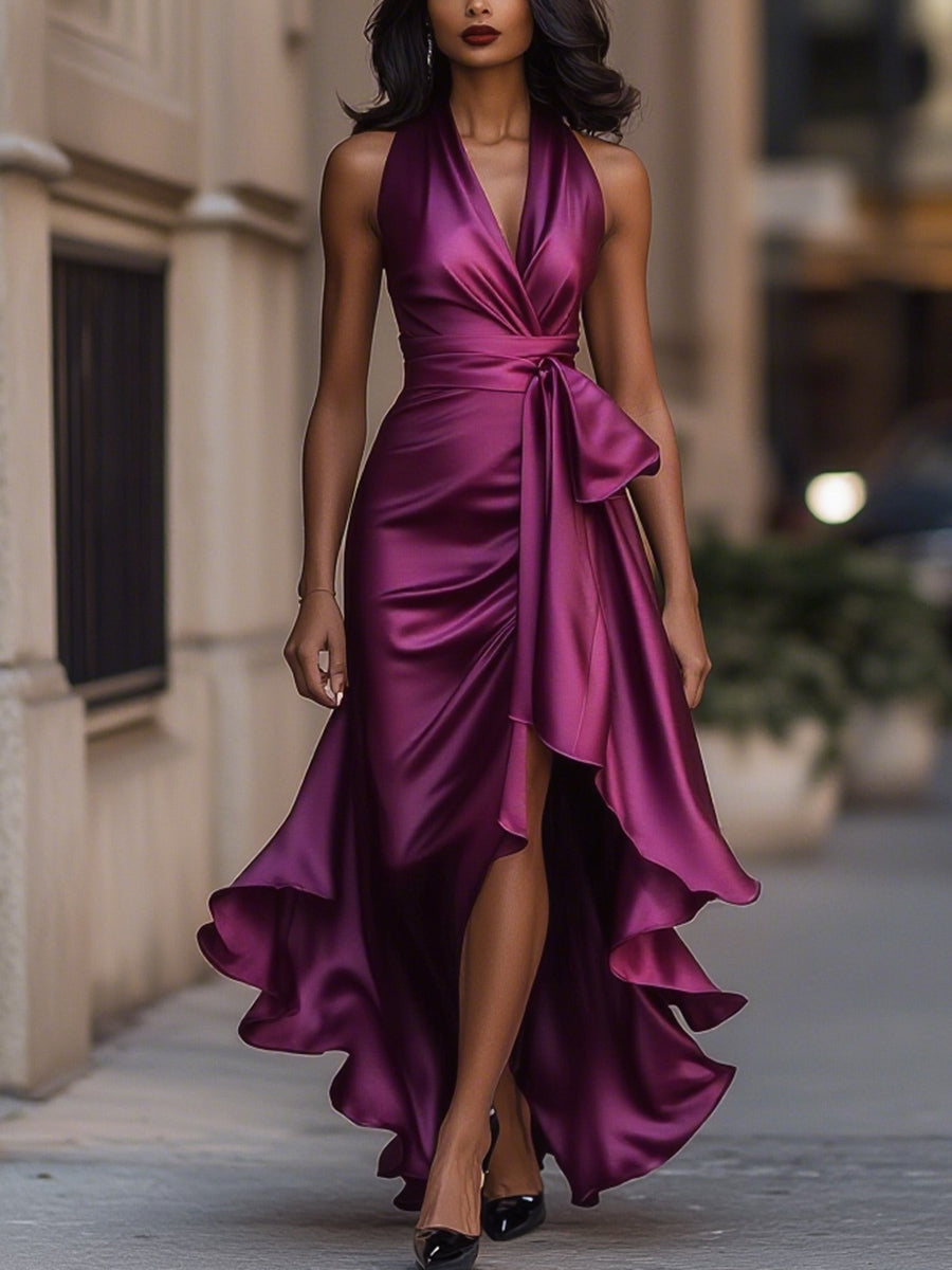 Purple satin wrap maxi dress with V-neck, side tie, and layered ruffle hem