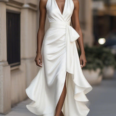 Cream satin wrap maxi dress with V-neck and tied waist sash, layered ruffle hem